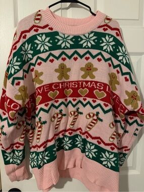 Fashion Nova Pink Christmas Sweater with Green & Red Accents